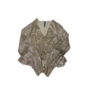 Anthropologie Metallic Gold Pleated Peplum V-Neck Blouse Womens Gold Small